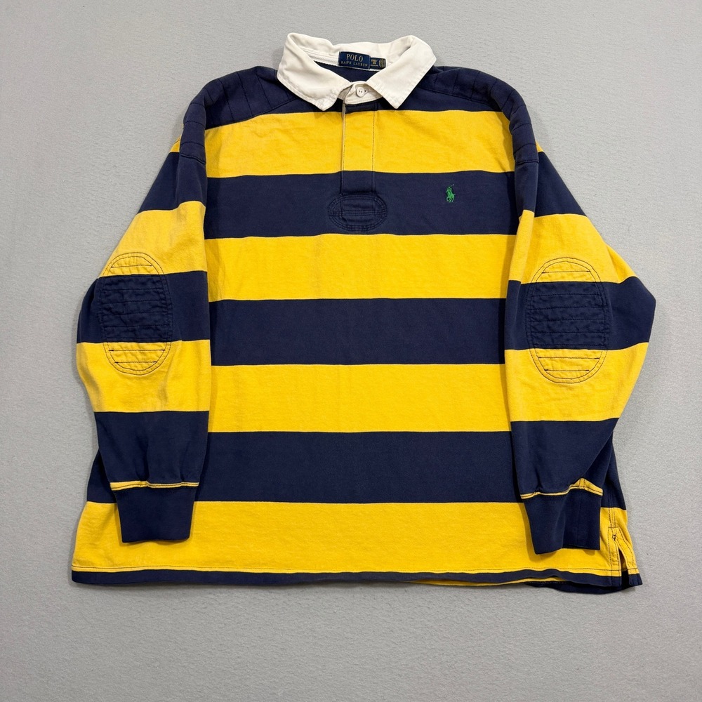 Polo Ralph Lauren Rugby Shirt Mens 3XB Yellow Blue Striped Elbow Patch LS Preppy